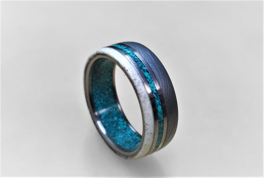 Damascus Steel Wedding Band: Titanium Ring with Turquoise and Antler Inlay
