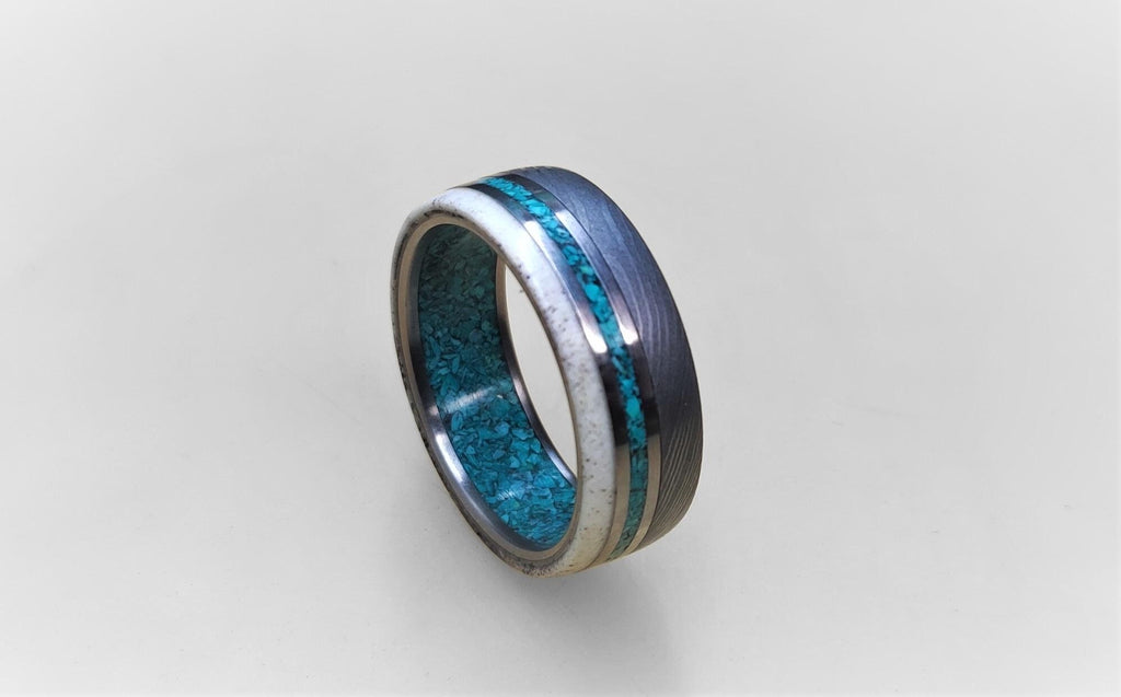 Damascus Steel Wedding Band: Titanium Ring with Turquoise and Antler Inlay