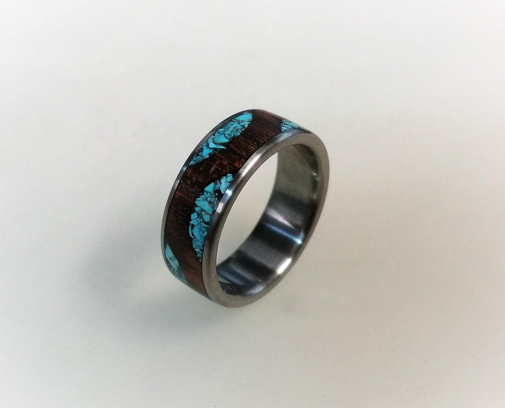 Titanium Ring: Cocobolo Wood & Turquoise Inlay Wedding Band