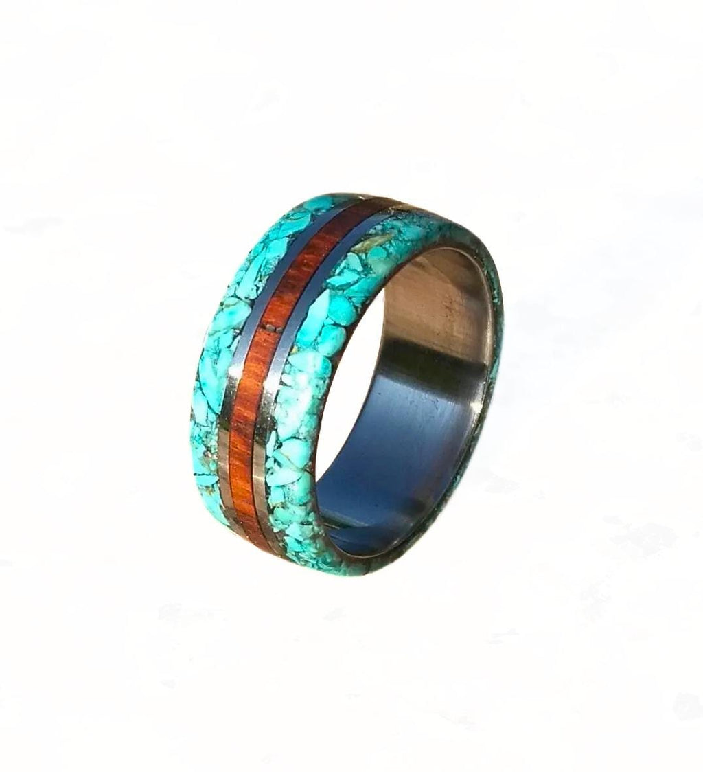 Elegant Titanium Ring: Exotic Snakewood & Turquoise Inlay