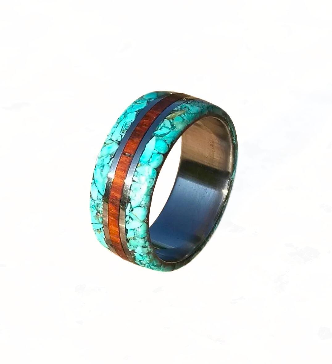 Elegant Titanium Ring: Exotic Snakewood & Turquoise Inlay
