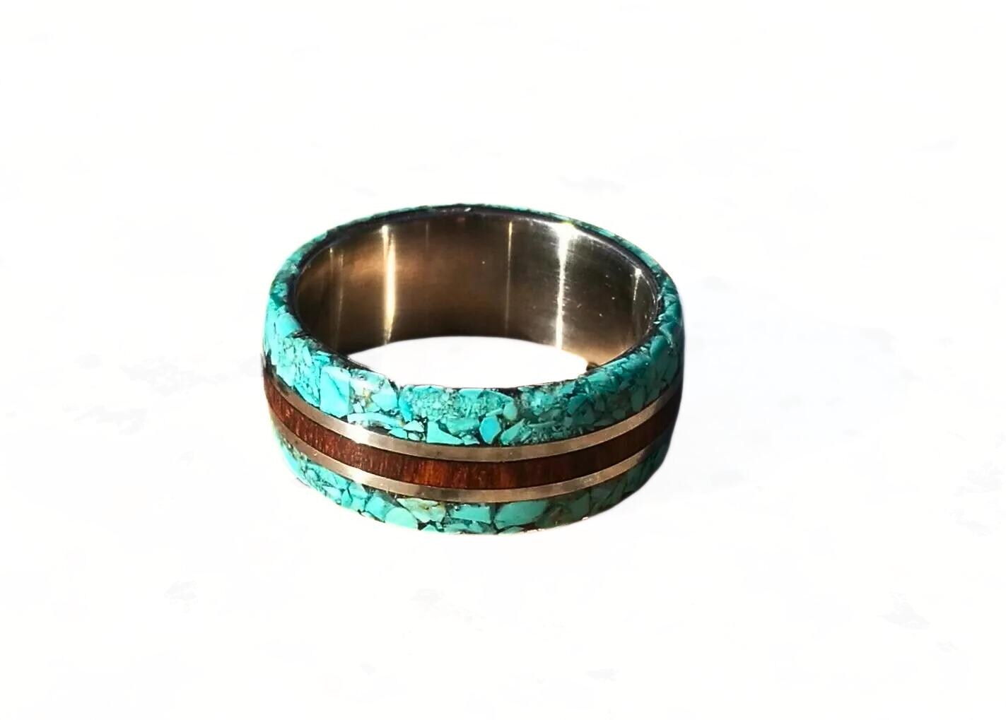 Elegant Titanium Ring: Exotic Snakewood & Turquoise Inlay