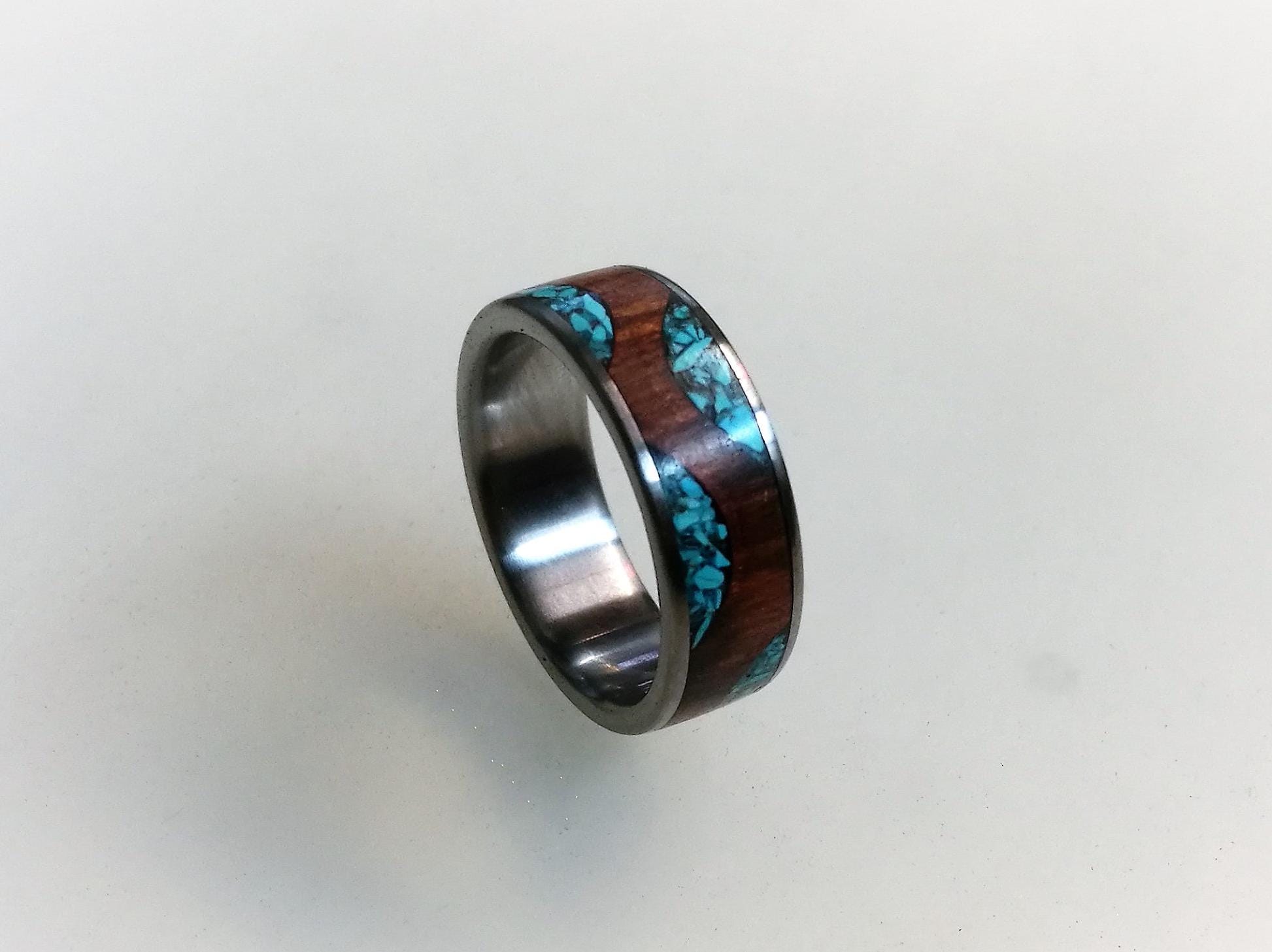 Titanium Ring: Cocobolo Wood & Turquoise Inlay Wedding Band
