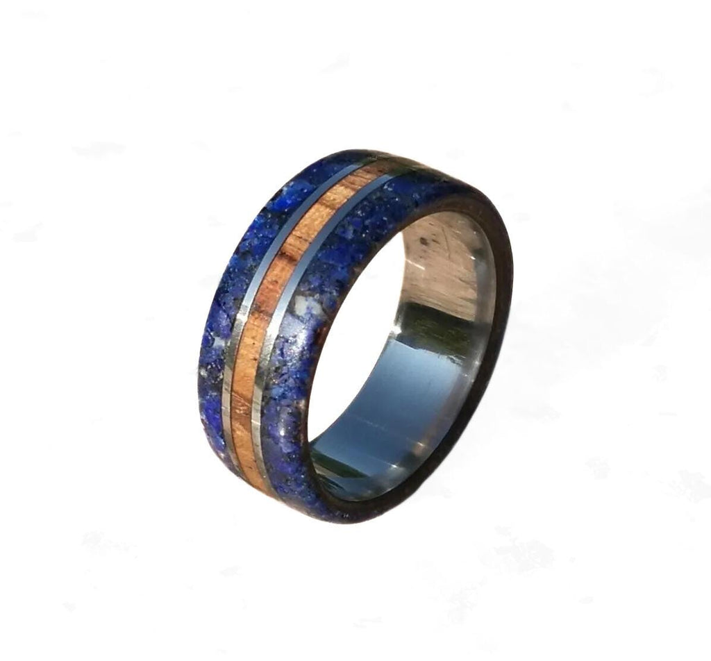 Handcrafted Titanium Ring: Zebrano Wood & Lapis Lazuli Inlay