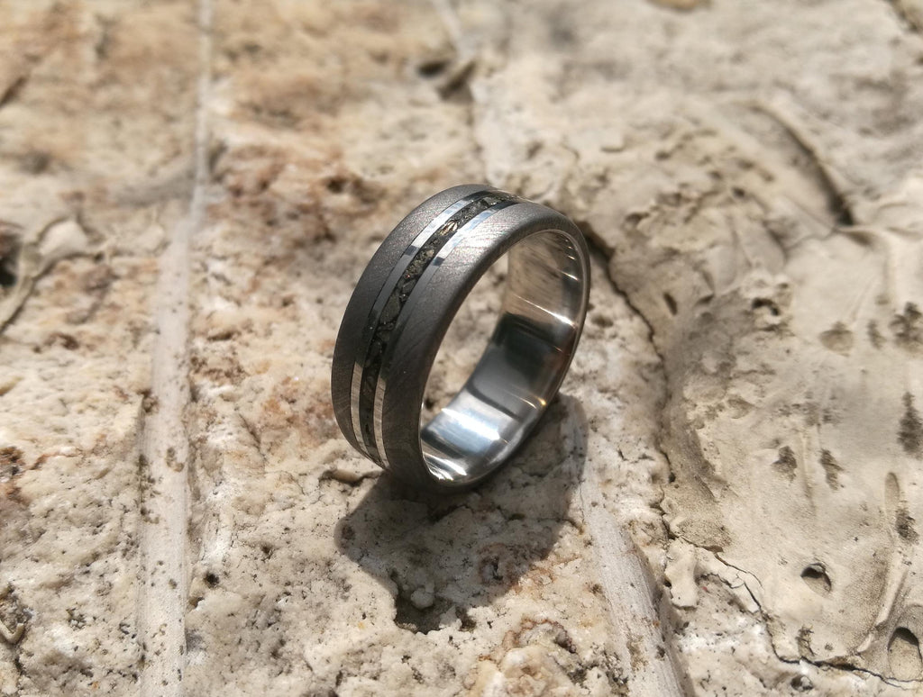 Handcrafted Damascus Wedding Ring with Pyrite - Mens Titanium Band