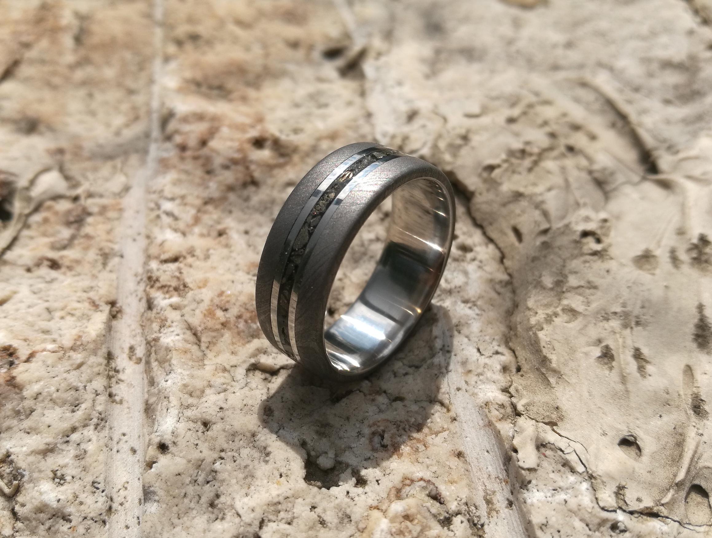 Handcrafted Damascus Wedding Ring with Pyrite - Mens Titanium Band