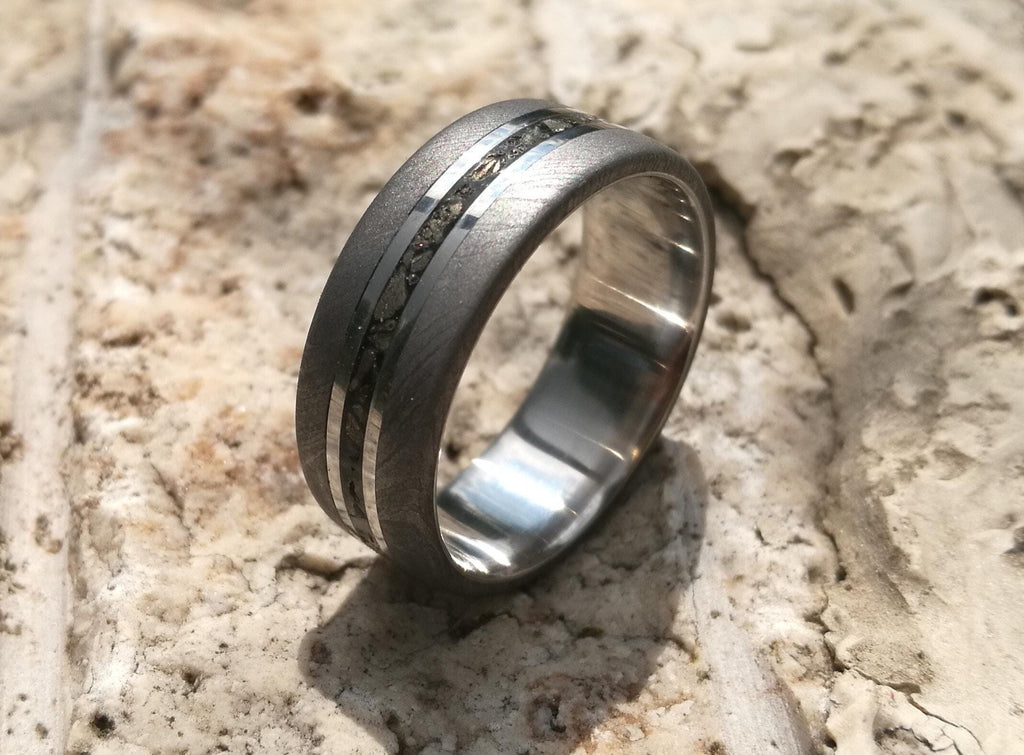 Handcrafted Damascus Wedding Ring with Pyrite - Mens Titanium Band