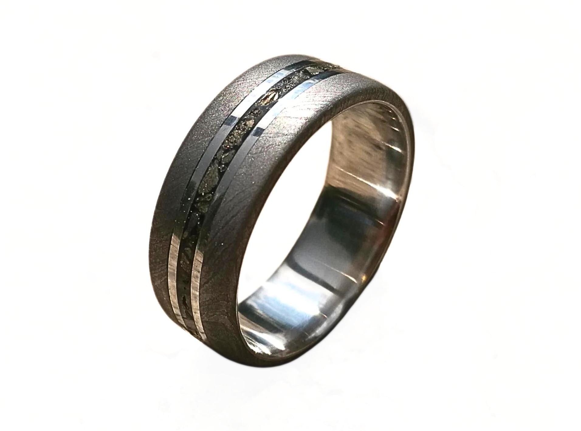 Handcrafted Damascus Wedding Ring with Pyrite - Mens Titanium Band