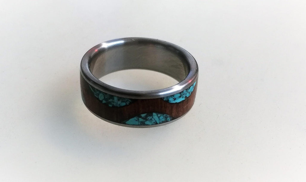 Titanium Ring: Cocobolo Wood & Turquoise Inlay Wedding Band