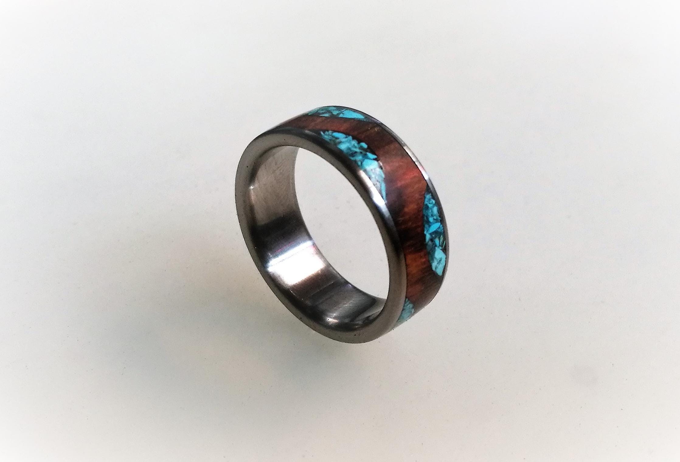Titanium Ring: Cocobolo Wood & Turquoise Inlay Wedding Band