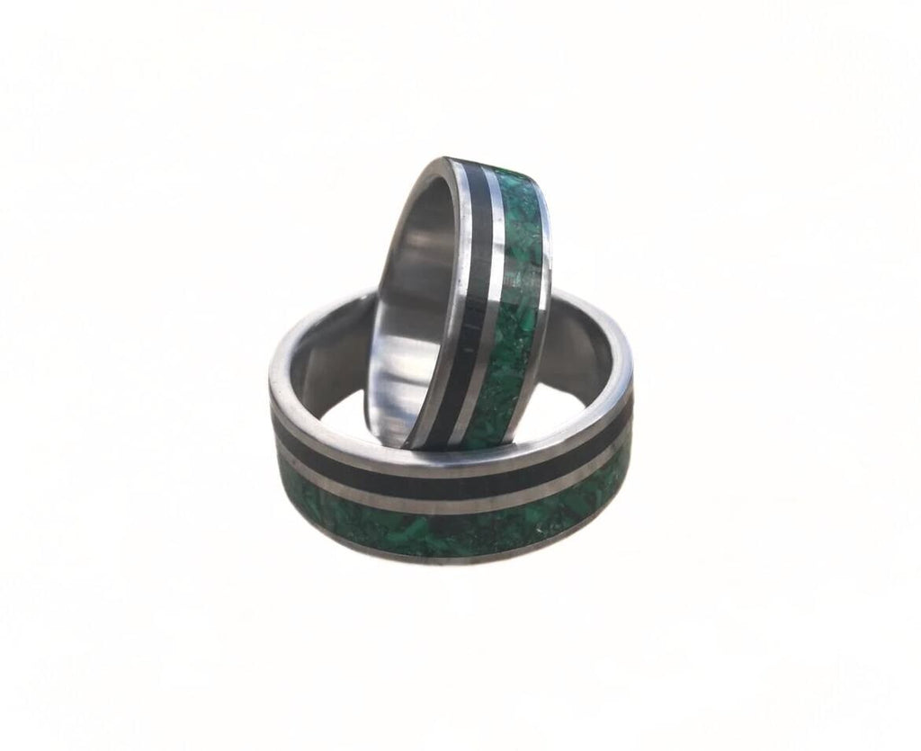 Handmade Titanium Ring Set: Ebony Wood & Malachite Inlay