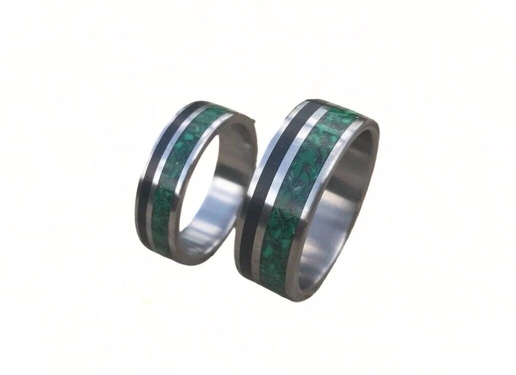 Handmade Titanium Ring Set: Ebony Wood & Malachite Inlay
