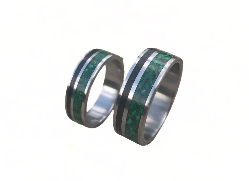 Handmade Titanium Ring Set: Ebony Wood & Malachite Inlay