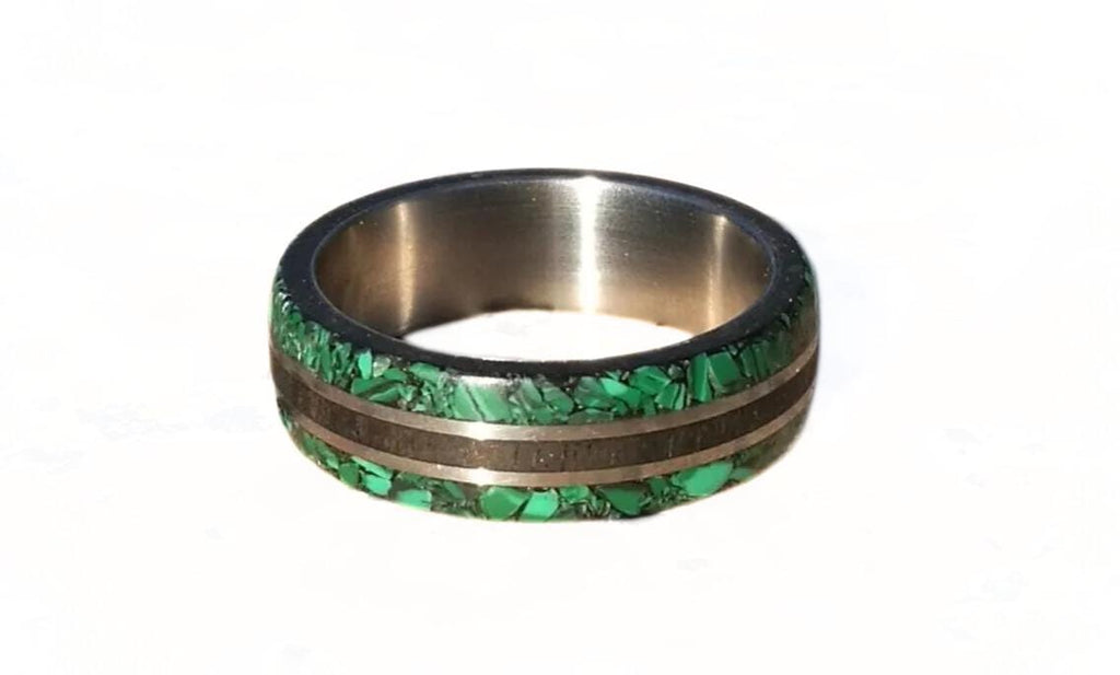 Titanium Wedding Band: Ebony Wood & Malachite Inlay