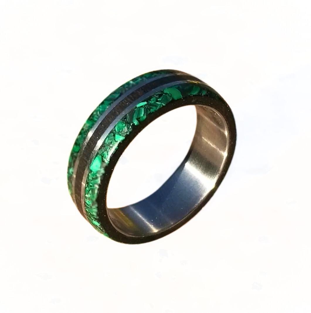 Titanium Wedding Band: Ebony Wood & Malachite Inlay