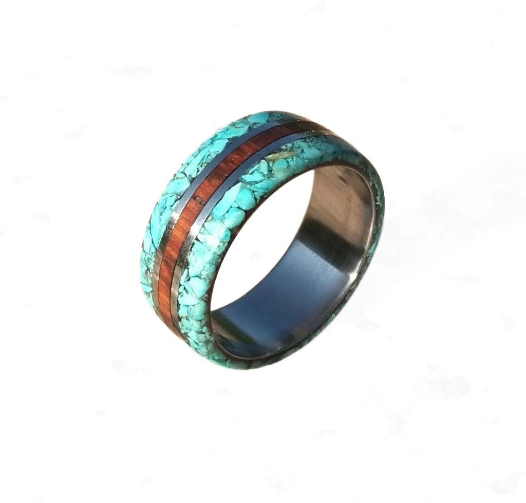 Elegant Titanium Ring: Exotic Snakewood & Turquoise Inlay