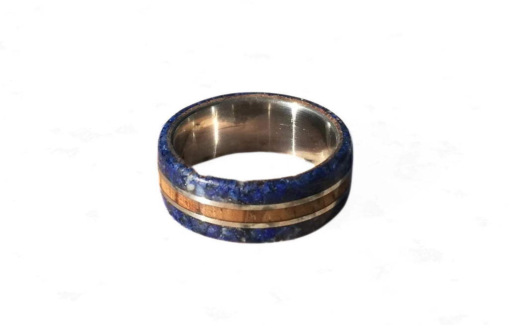 Handcrafted Titanium Ring: Zebrano Wood & Lapis Lazuli Inlay