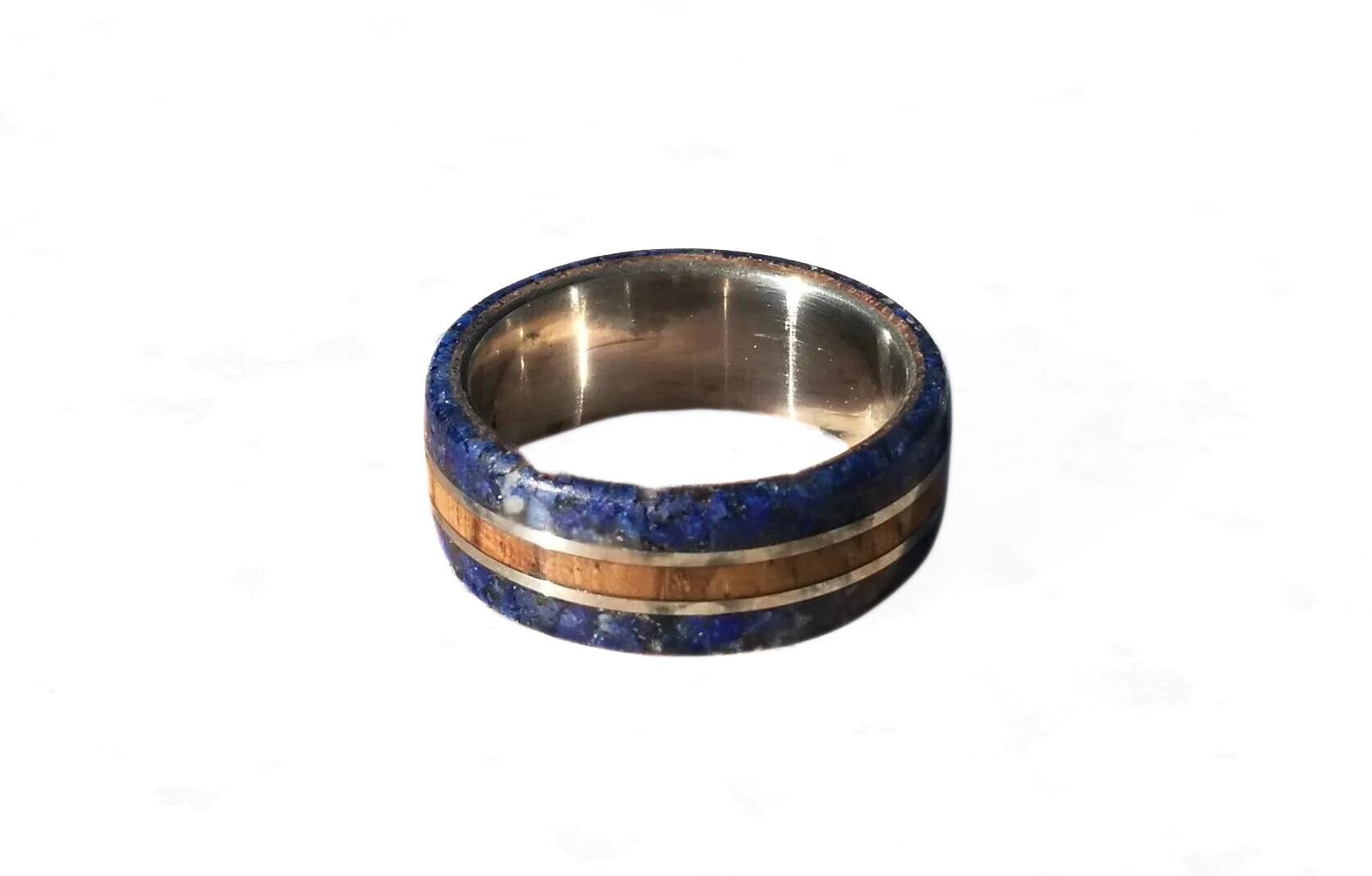 Handcrafted Titanium Ring: Zebrano Wood & Lapis Lazuli Inlay