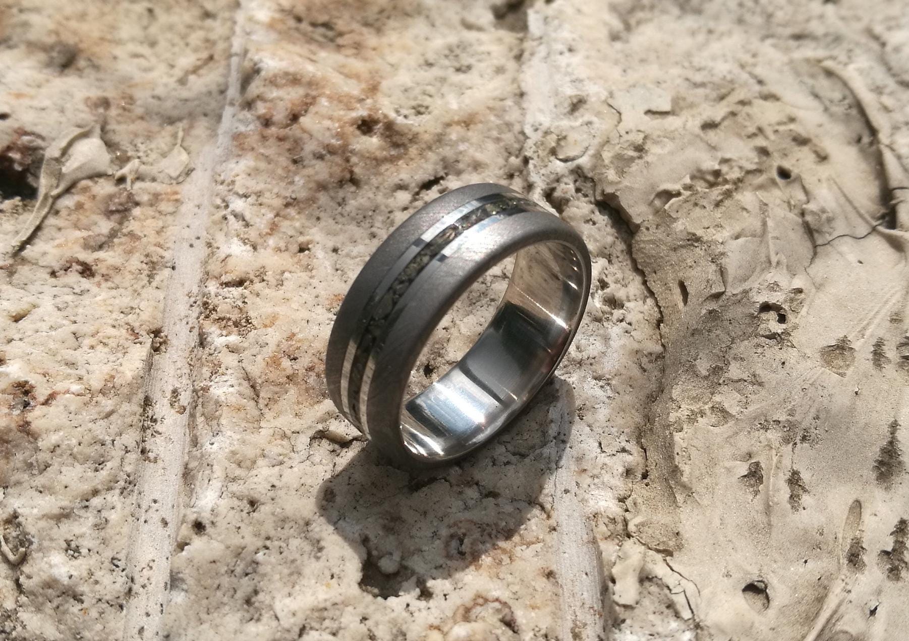 Handcrafted Damascus Wedding Ring with Pyrite - Mens Titanium Band