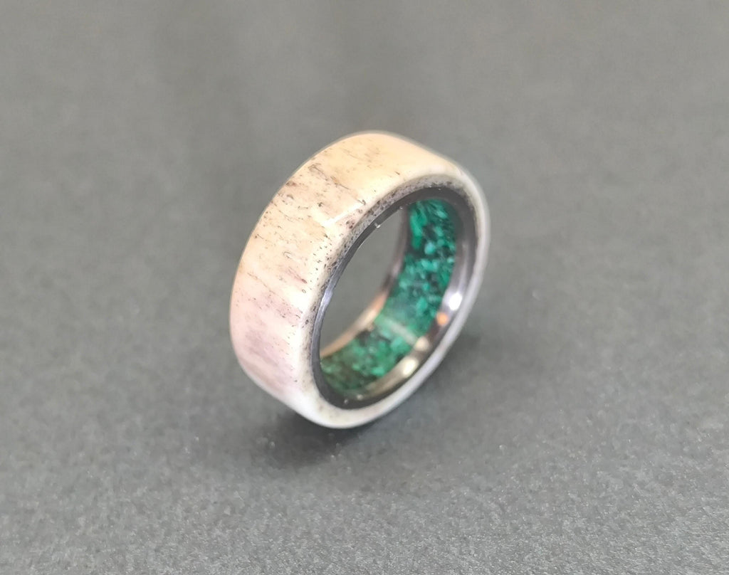 Customizable Titanium Ring: Deer Antler & Malachite Inlay