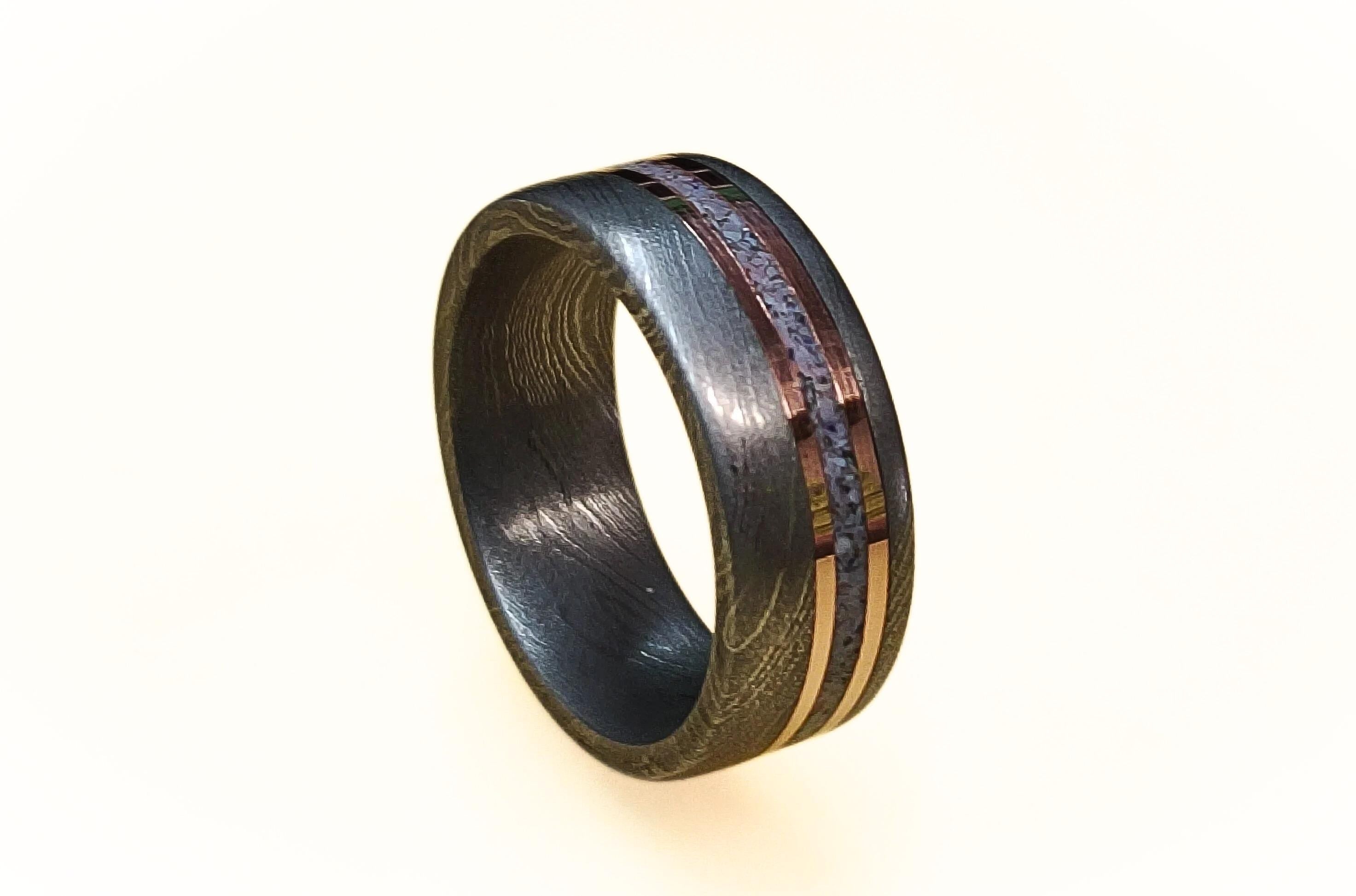 Handmade Damascus Steel Wedding Band: Copper & Blue Opal Inlay