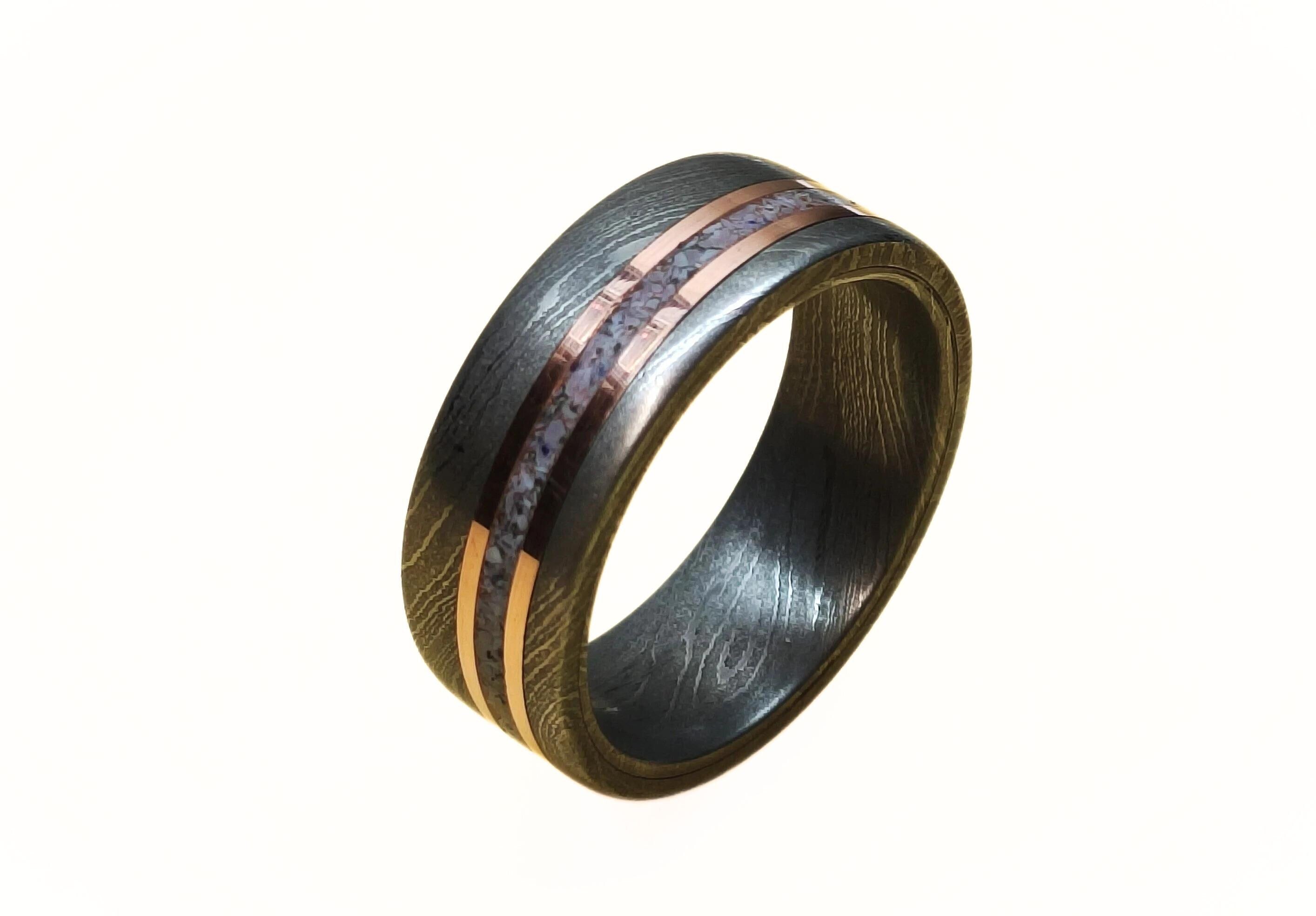 Handmade Damascus Steel Wedding Band: Copper & Blue Opal Inlay
