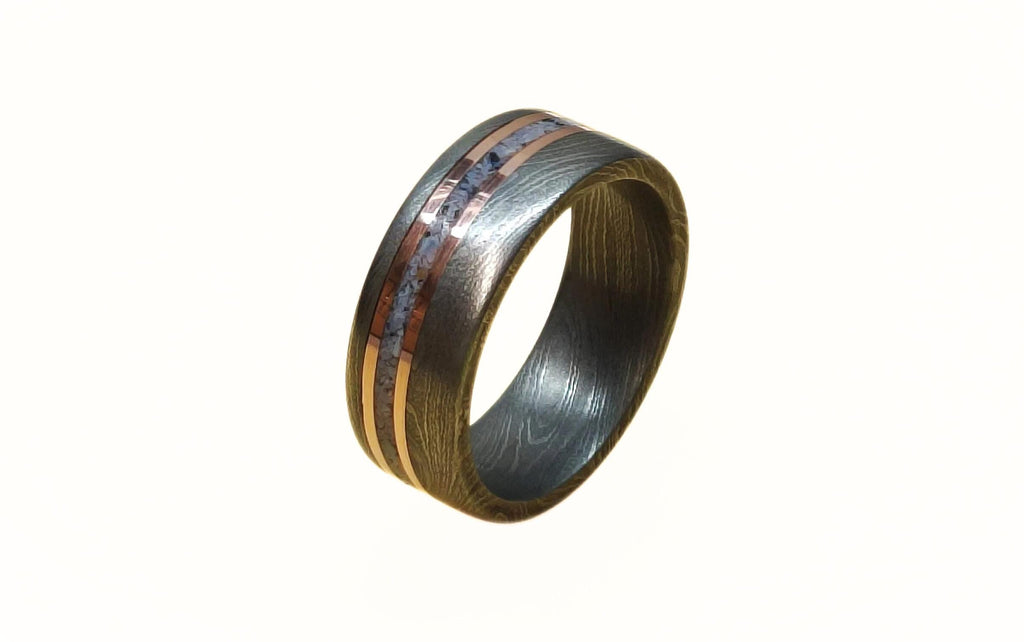 Handmade Damascus Steel Wedding Band: Copper & Blue Opal Inlay