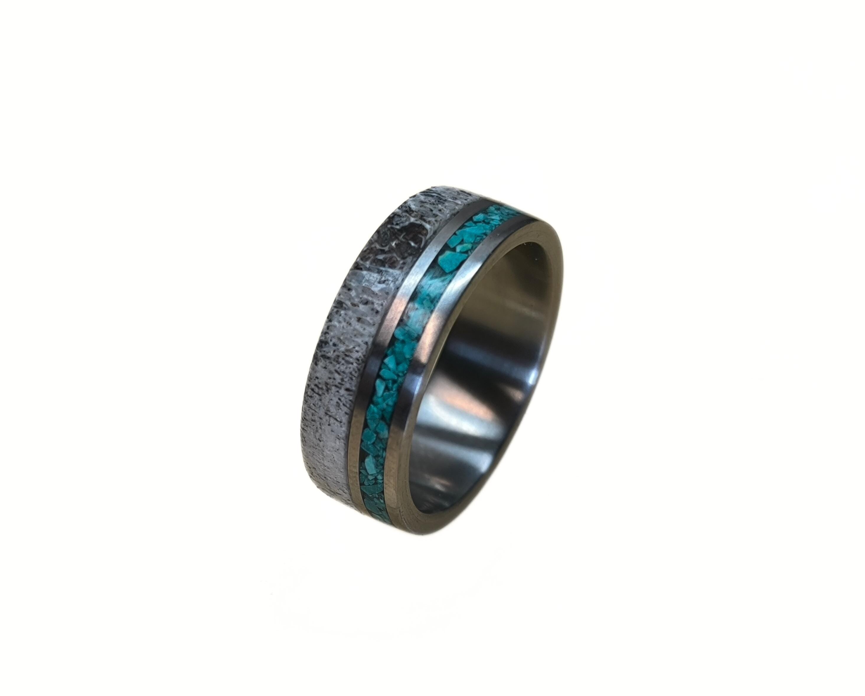 Titanium Wedding Band: Deer Antler & Turquoise Inlay, Mens Ring