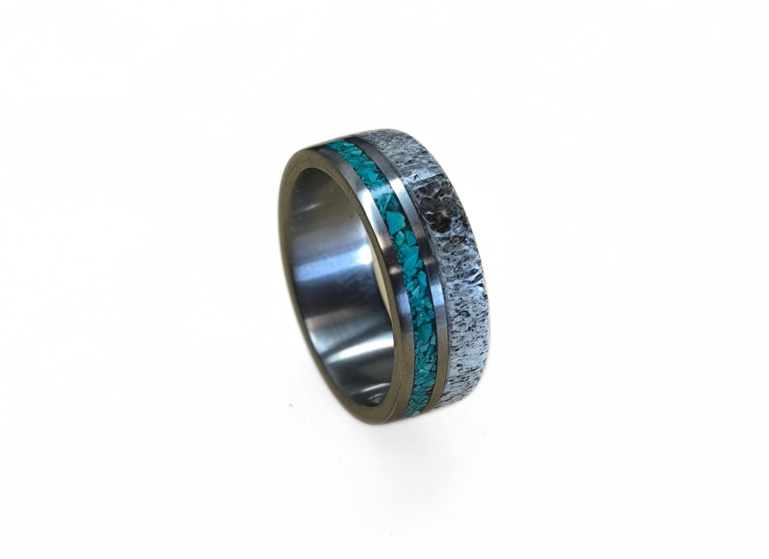 Titanium Wedding Band: Deer Antler & Turquoise Inlay, Mens Ring