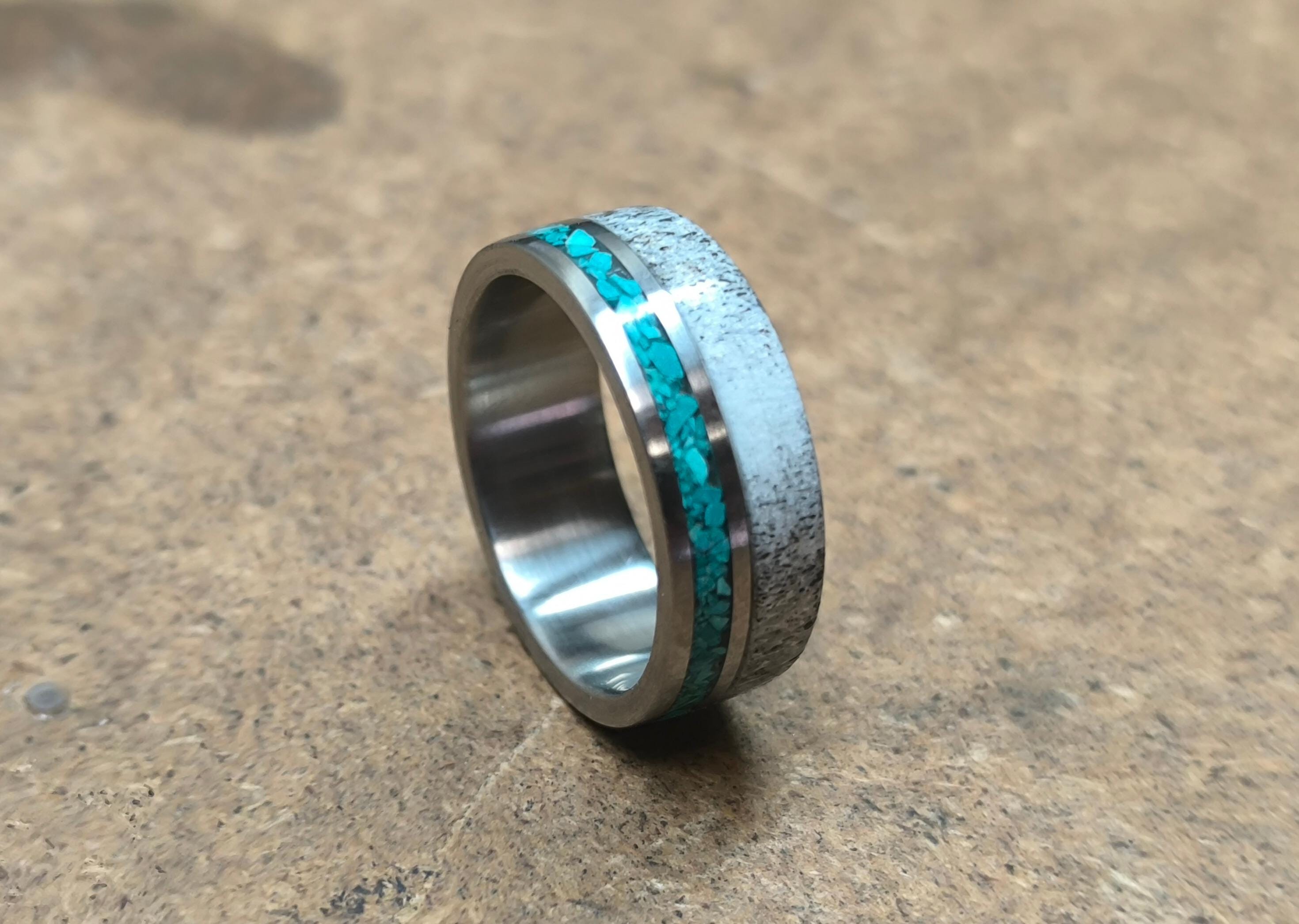 Titanium Wedding Band: Deer Antler & Turquoise Inlay, Mens Ring