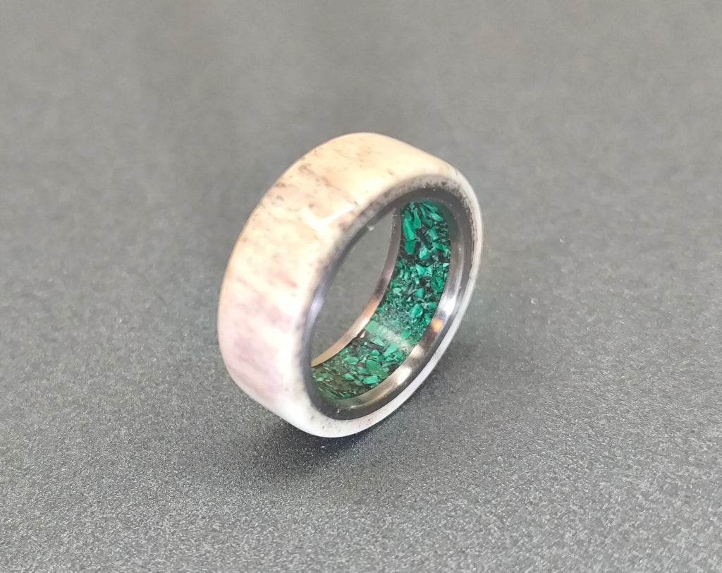 Customizable Titanium Ring: Deer Antler & Malachite Inlay