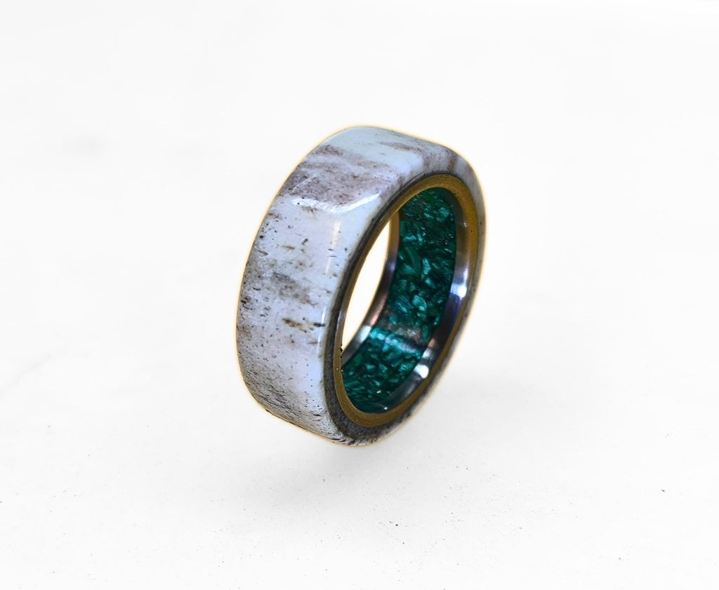 Customizable Titanium Ring: Deer Antler & Malachite Inlay