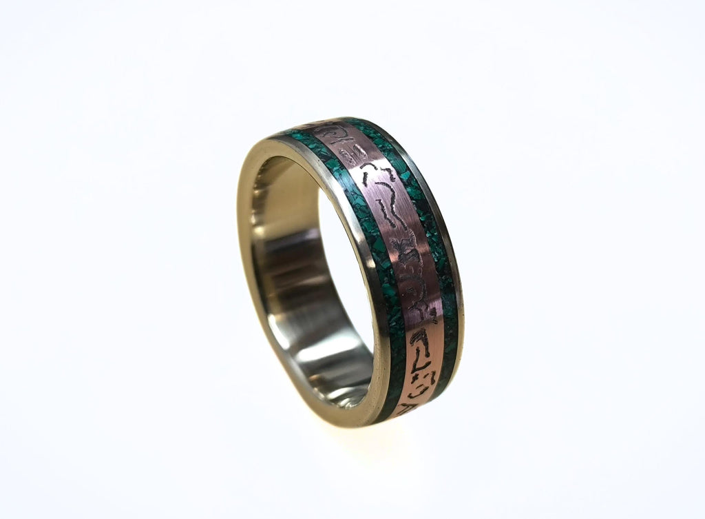 Brass Wedding Ring, Patina Copper Green Jade Inlay, Handmade Band
