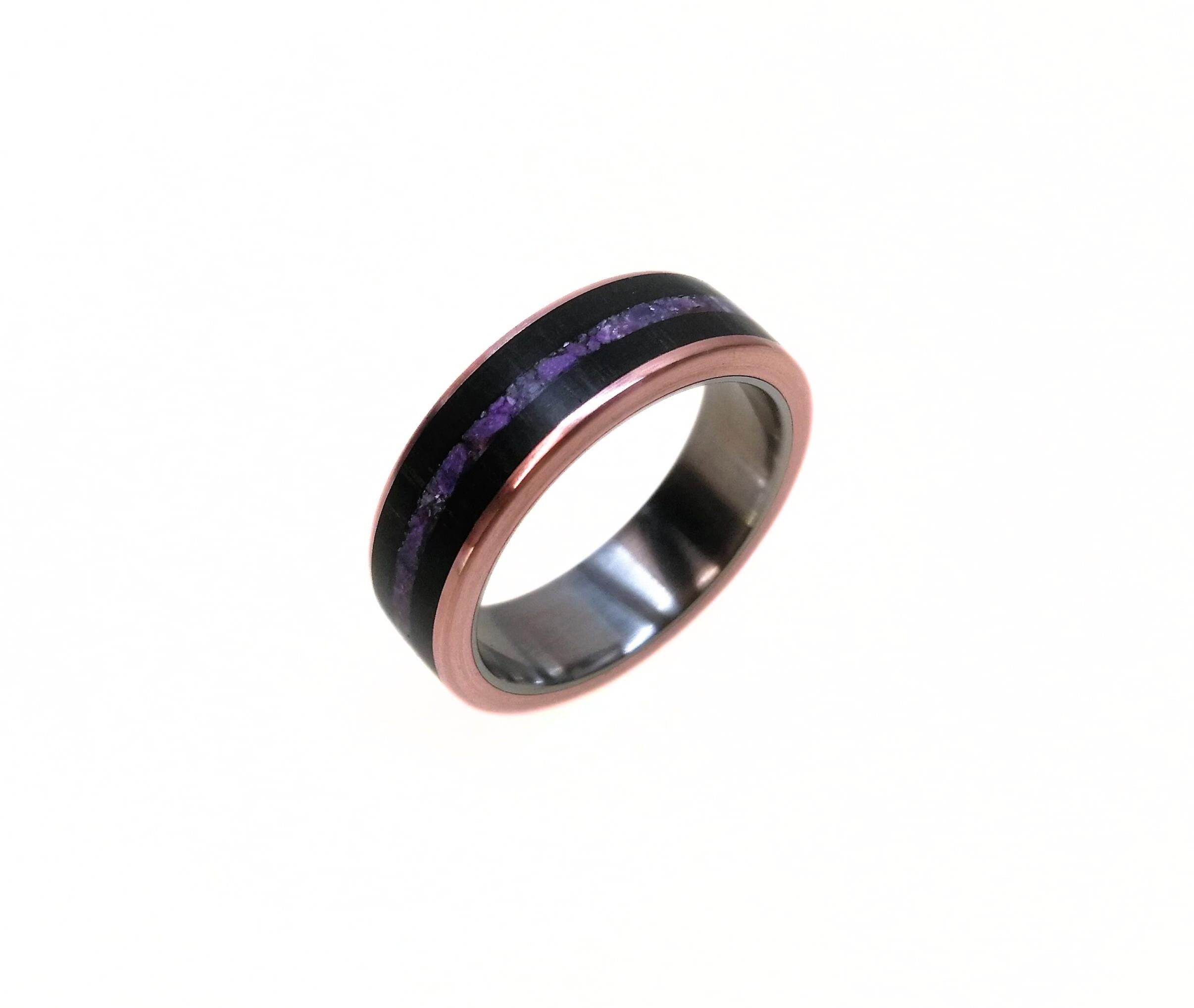 Unique Titanium Ring with Ebony Wood and Amethyst Inlay with Copper, Black Wood Band, Womens Ring, Mens Wedding Band, Engagement Ring