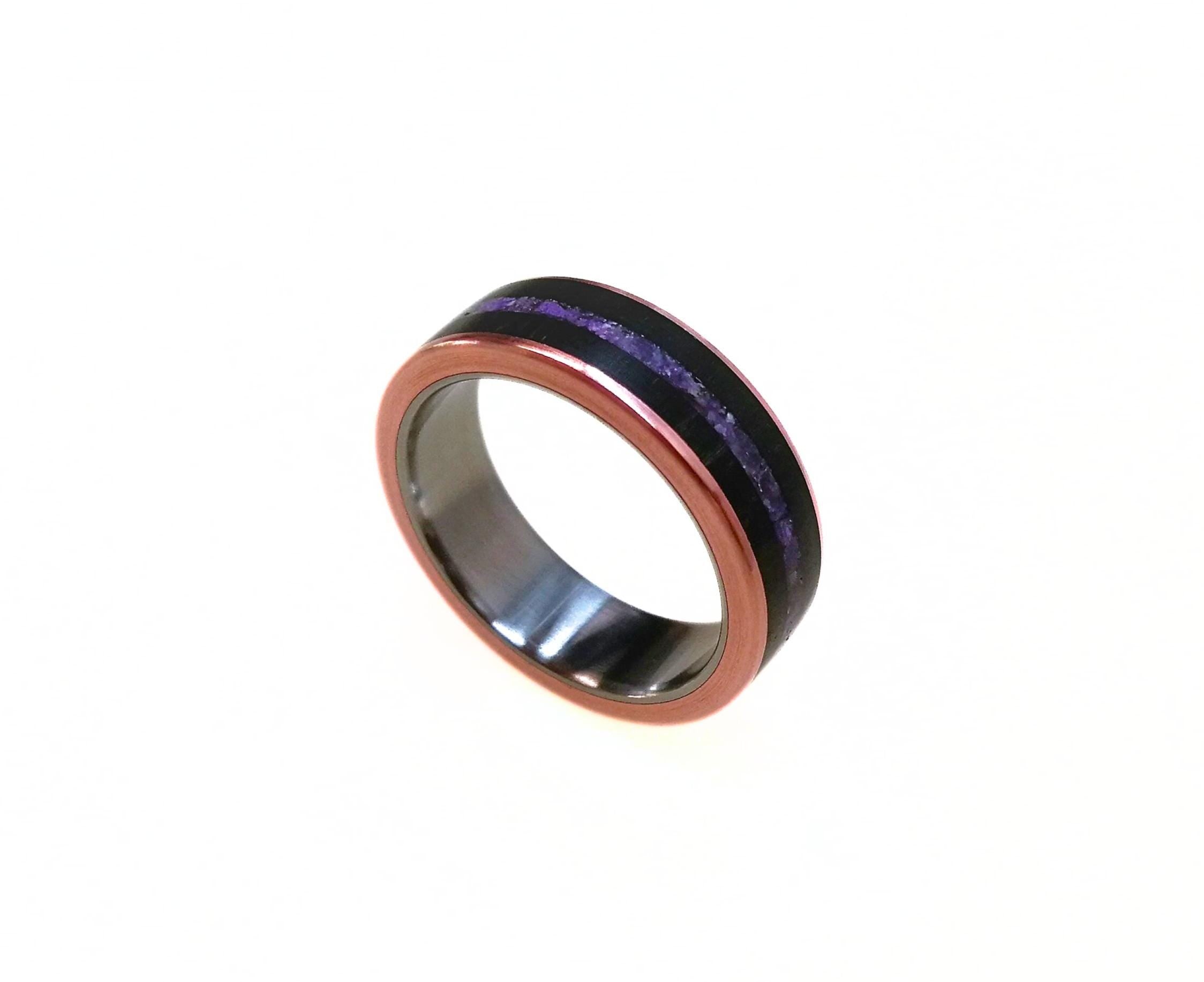 Unique Titanium Ring with Ebony Wood and Amethyst Inlay with Copper, Black Wood Band, Womens Ring, Mens Wedding Band, Engagement Ring