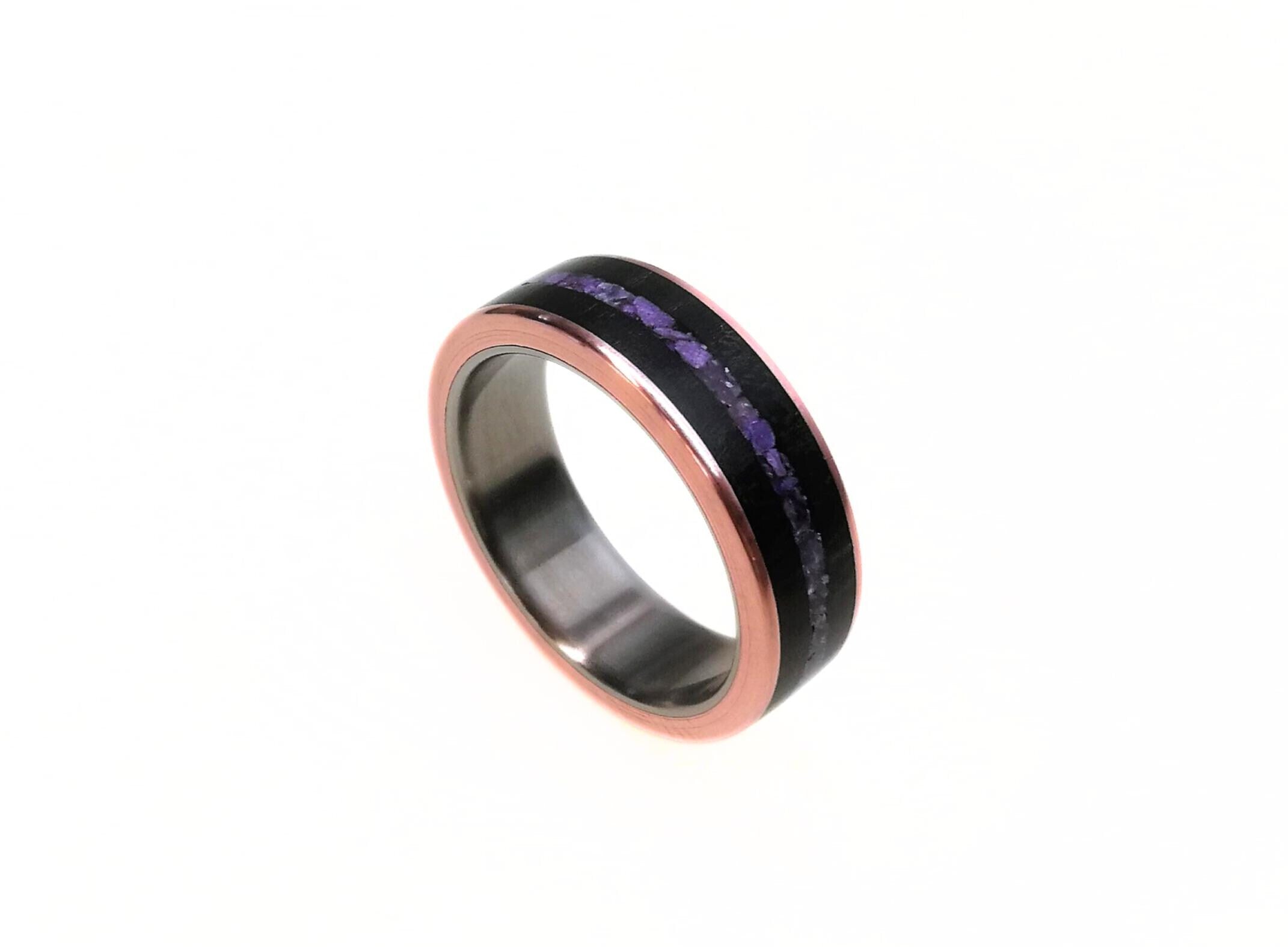 Unique Titanium Ring with Ebony Wood and Amethyst Inlay with Copper, Black Wood Band, Womens Ring, Mens Wedding Band, Engagement Ring