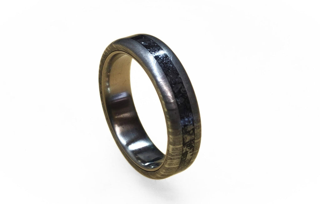 Damascus Steel Wedding Band, Titanium Ring with Galenit Inlay