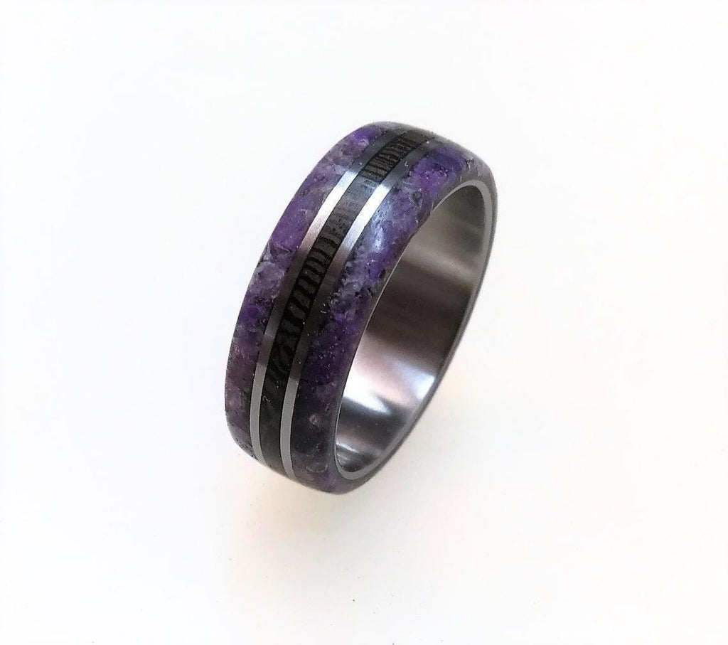 Custom Titanium Wedding Ring: Wenge Wood & Amethyst Inlay