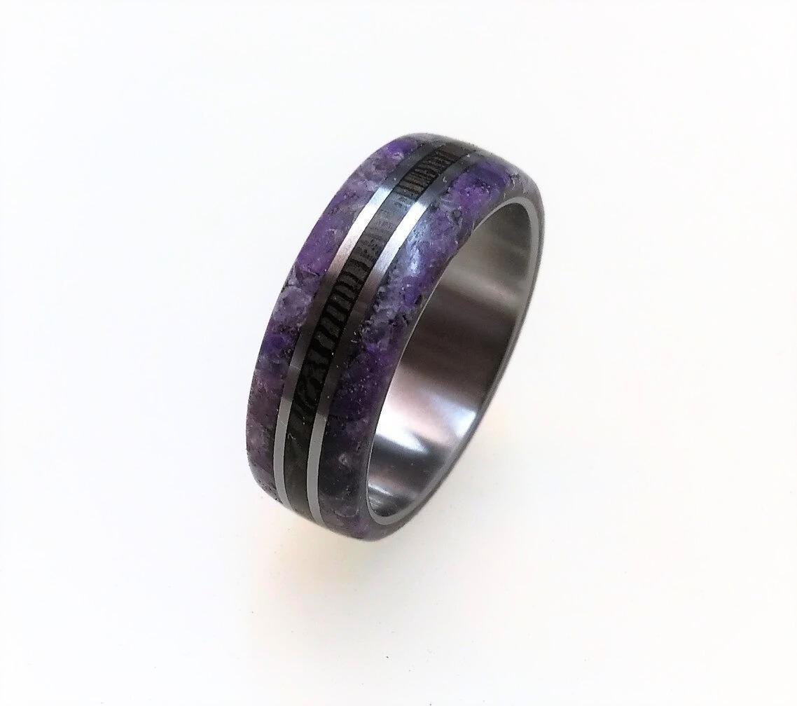 Custom Titanium Wedding Ring: Wenge Wood & Amethyst Inlay