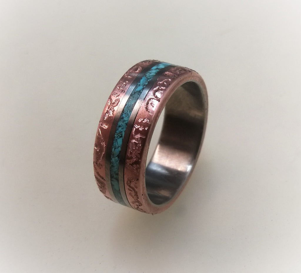 Titanium Wedding Band, Patina Copper Turquoise Inlay, Rustic Mens Ring