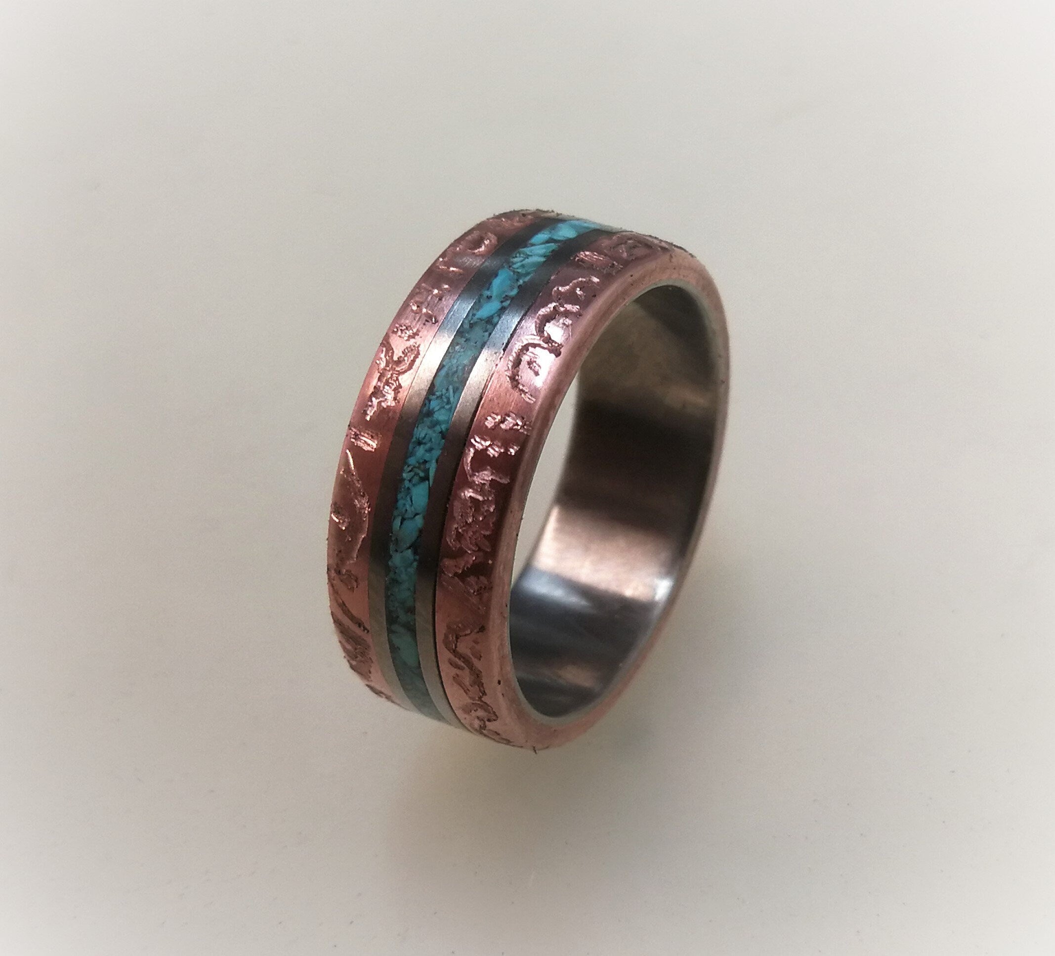 Titanium Wedding Band, Patina Copper Turquoise Inlay, Rustic Mens Ring
