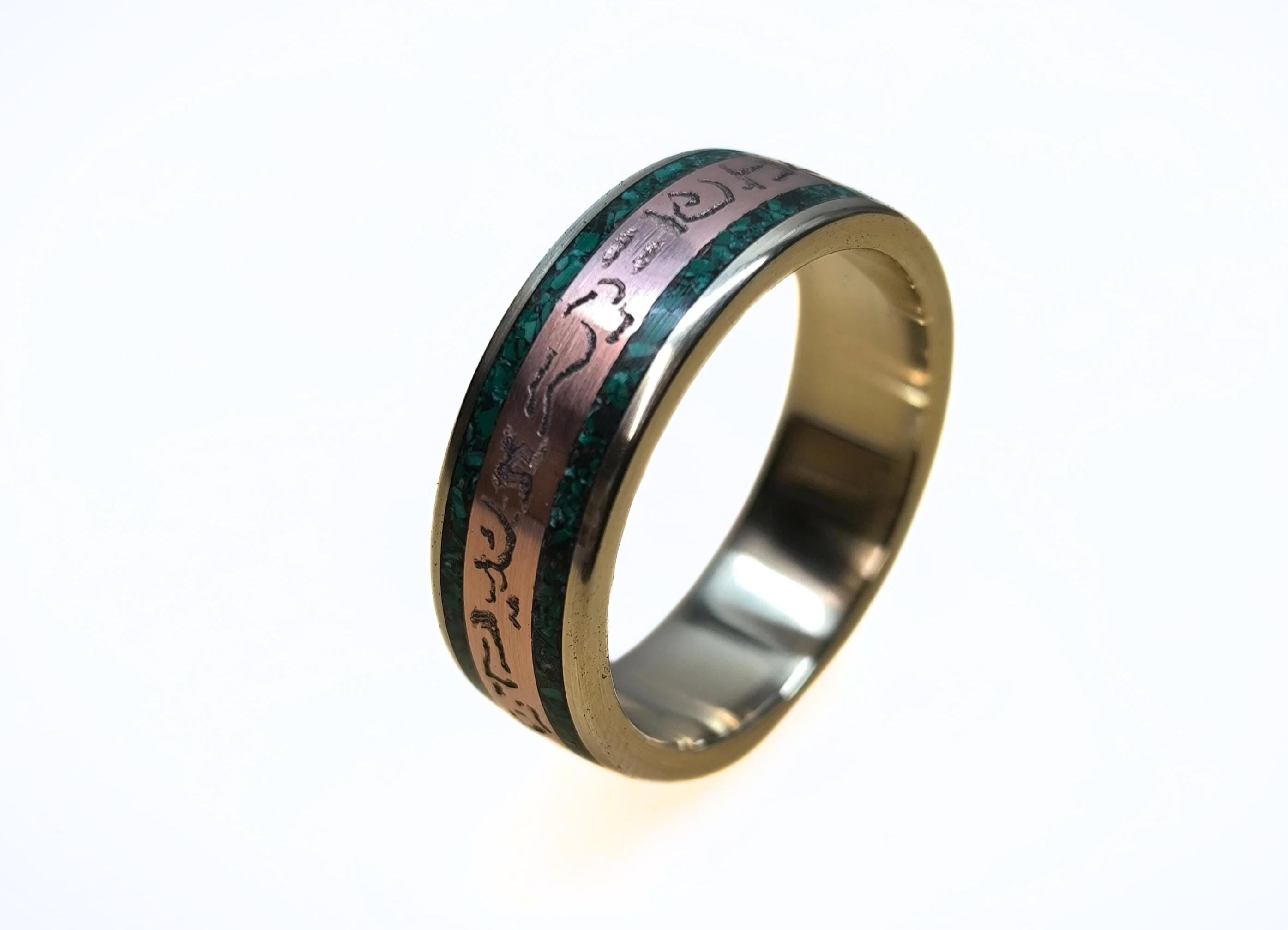Brass Wedding Ring, Patina Copper Green Jade Inlay, Handmade Band