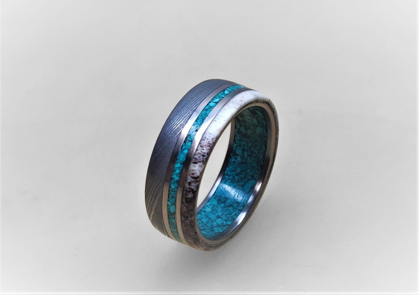 Damascus Steel Wedding Band: Titanium Ring with Turquoise and Antler Inlay