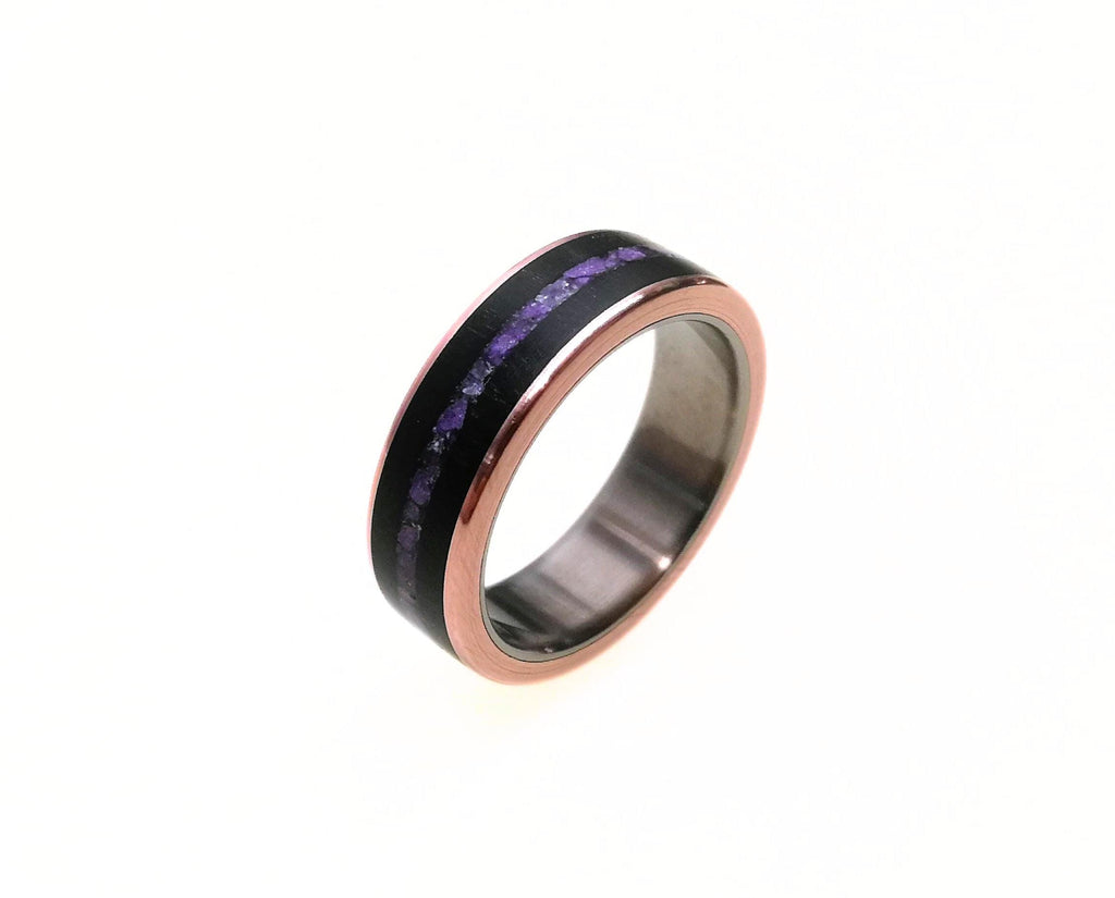 Unique Titanium Ring with Ebony Wood and Amethyst Inlay with Copper, Black Wood Band, Womens Ring, Mens Wedding Band, Engagement Ring