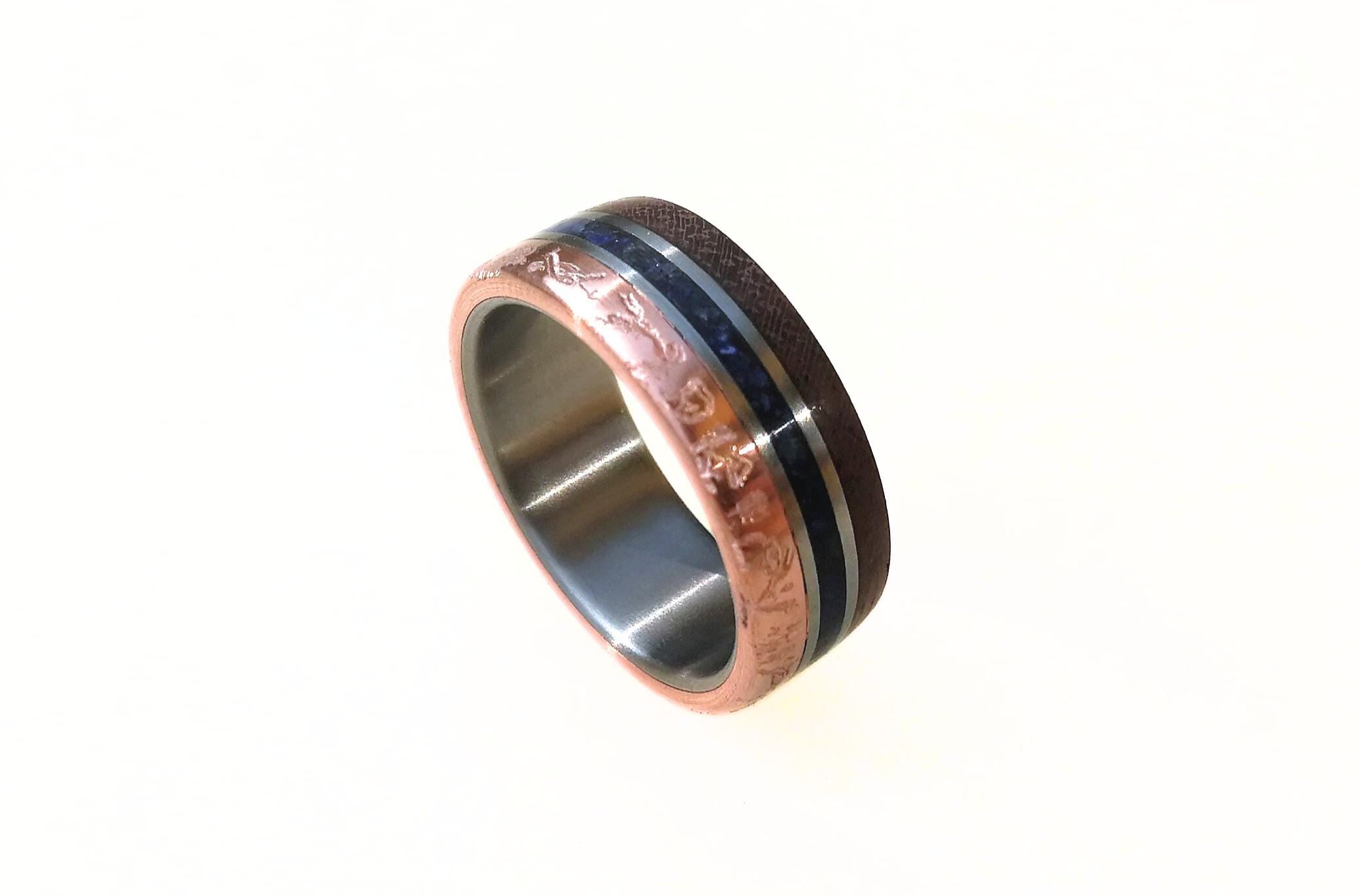 Titanium Wedding Band: Patina Copper, Lapis Lazuli & Amaranth Wood Inlay