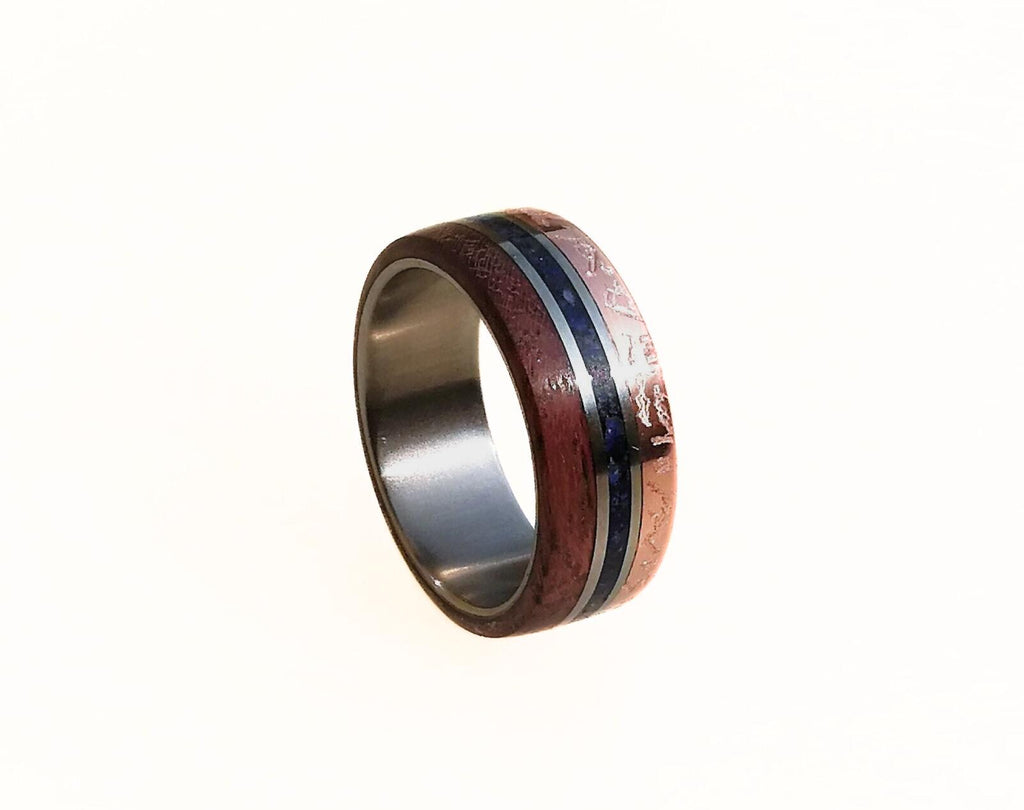 Titanium Wedding Band: Patina Copper, Lapis Lazuli & Amaranth Wood Inlay