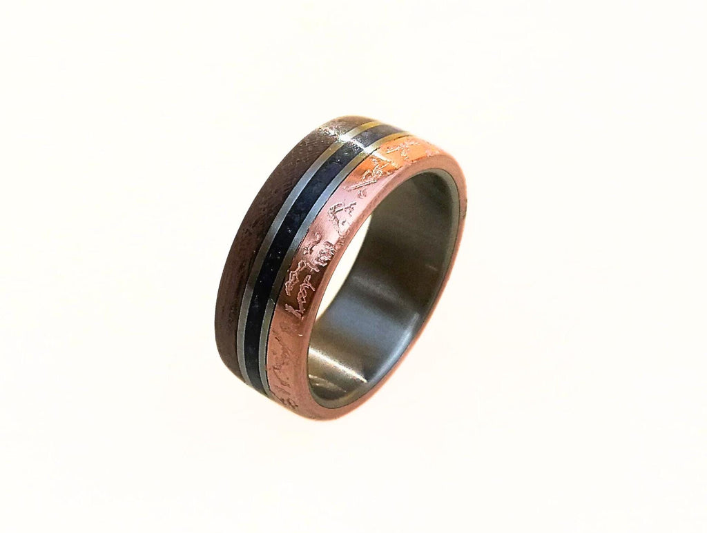 Titanium Wedding Band: Patina Copper, Lapis Lazuli & Amaranth Wood Inlay