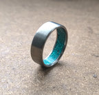Brushed Titanium Ring with Turquoise Inlay - Handmade Band