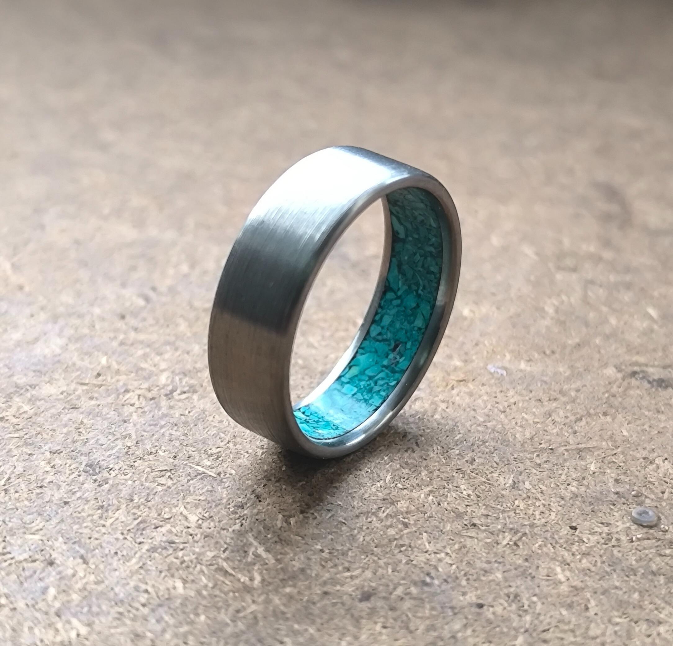 Brushed Titanium Ring with Turquoise Inlay - Handmade Band