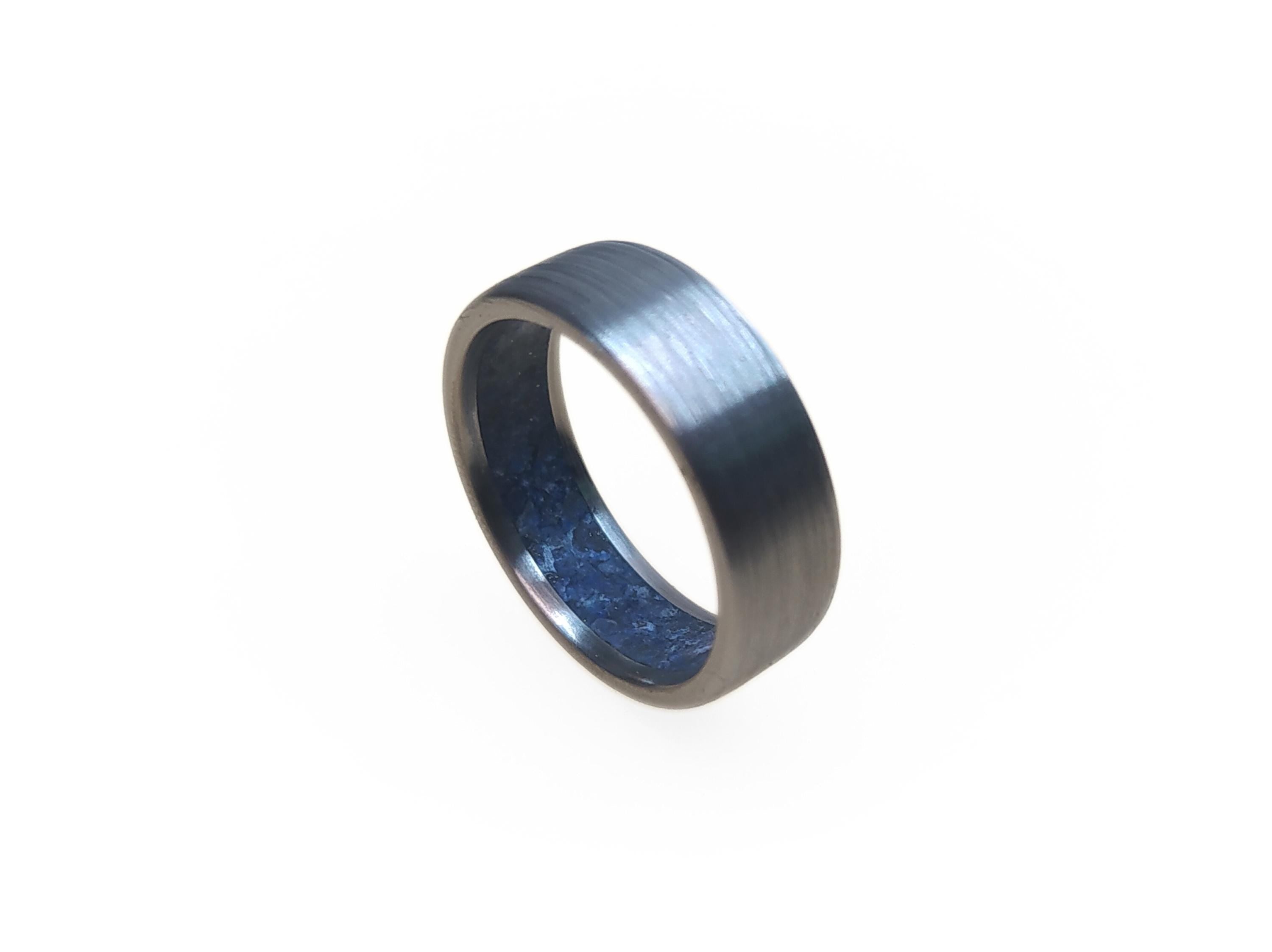 Brushed Titanium Ring: Lapis Lazuli Inlay, Handmade Band